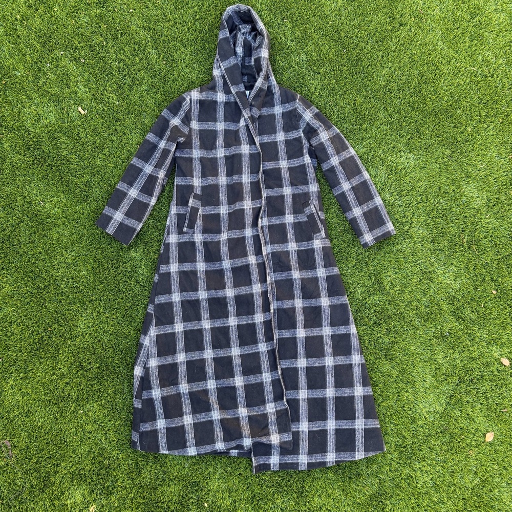 Long Hooded Plaid Coat in Black and Gray